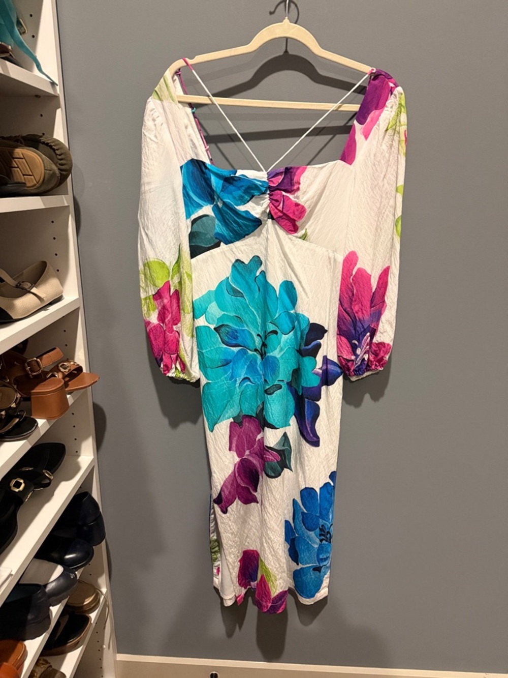 Anthropologie White Midi Dress with Blue & Pink Floral Print